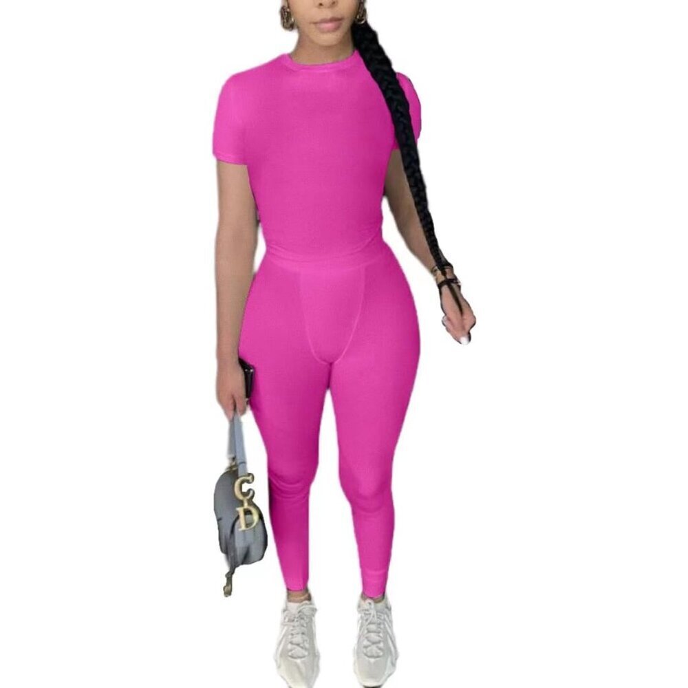Two Piece Set Women Fitted Crew Neck T-shirt High Waist Leggings Summer